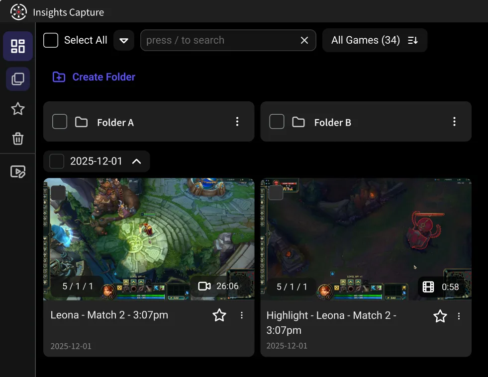 Insight Capture recordings dashboard with folders and Valorant clip cards in clipping software.