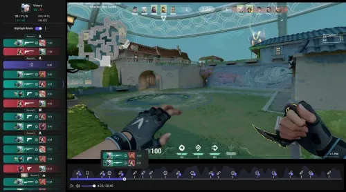 Valorant game recorder interface showing automatic clip detection, highlight timeline, and video editing tools inside Insights Capture.