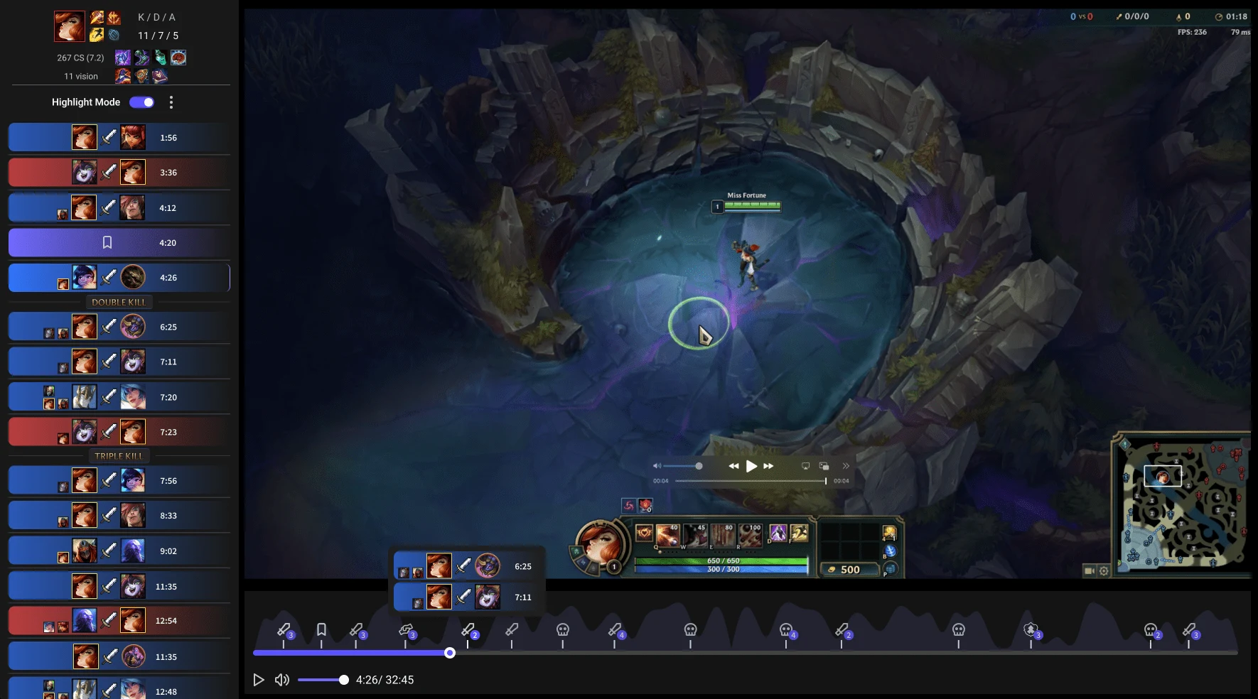 Gameplay recording interface of Insights Capture game recorder showing Valorant gameplay, timestamped comments, instant replay controls, and editing options.