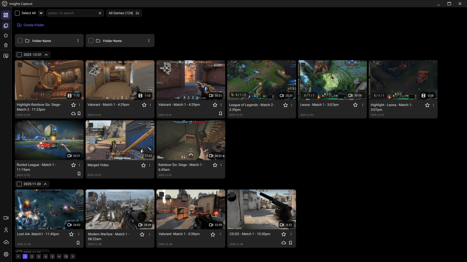 Insight Capture dashboard showing gameplay highlights in clipping software.