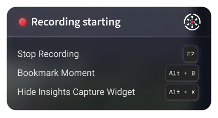 Recording starting hotkey overlay and image settings panel in Insight Capture clipping software.