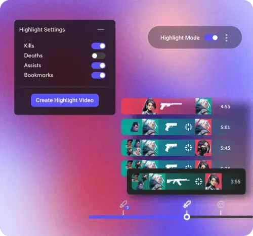 Valorant game recorder showing highlight creation tools and timeline clips inside Insights Capture.