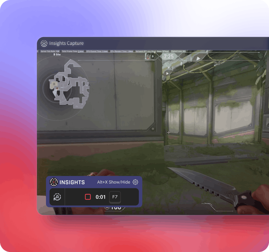 Recording start HUD and hotkeys in Insight Capture clipping software during gameplay.