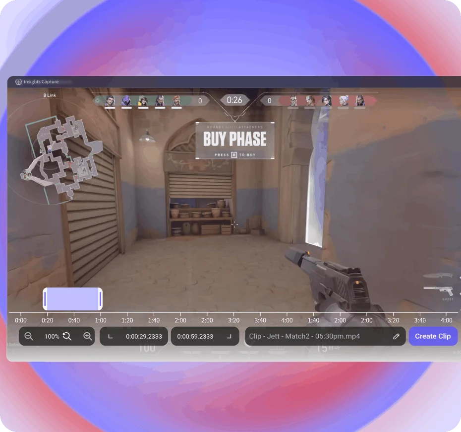 Insights Capture Valorant game recorder automatically tagging kills and deaths with intelligent timestamps for faster gameplay review.