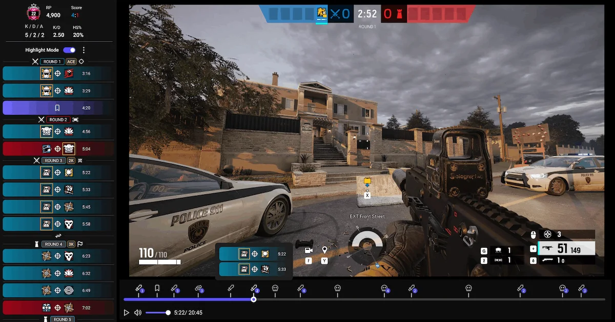 Valorant game recorder interface showing automatic clip detection, highlight timeline, and video editing tools inside Insights Capture.