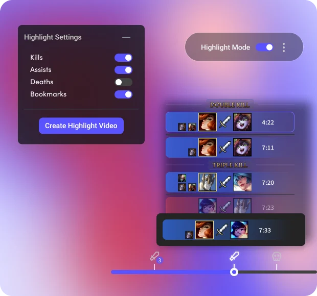 Valorant game recorder showing highlight creation tools and timeline clips inside Insights Capture.