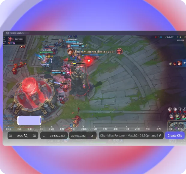 Insights Capture Valorant game recorder automatically tagging kills and deaths with intelligent timestamps for faster gameplay review.