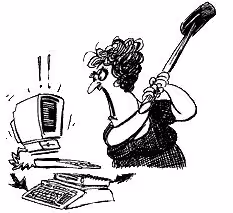 cartoon drawing of woman taking sledgehammer to computer
