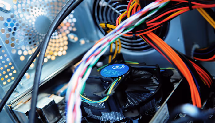 closeup of the inside of a computer fan