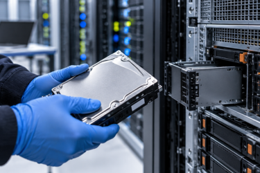A technician wearing blue gloves holds a hard drive beside an open server rack.