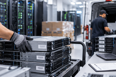 Workers load stacked servers into a van beside server racks and an equipment checklist.