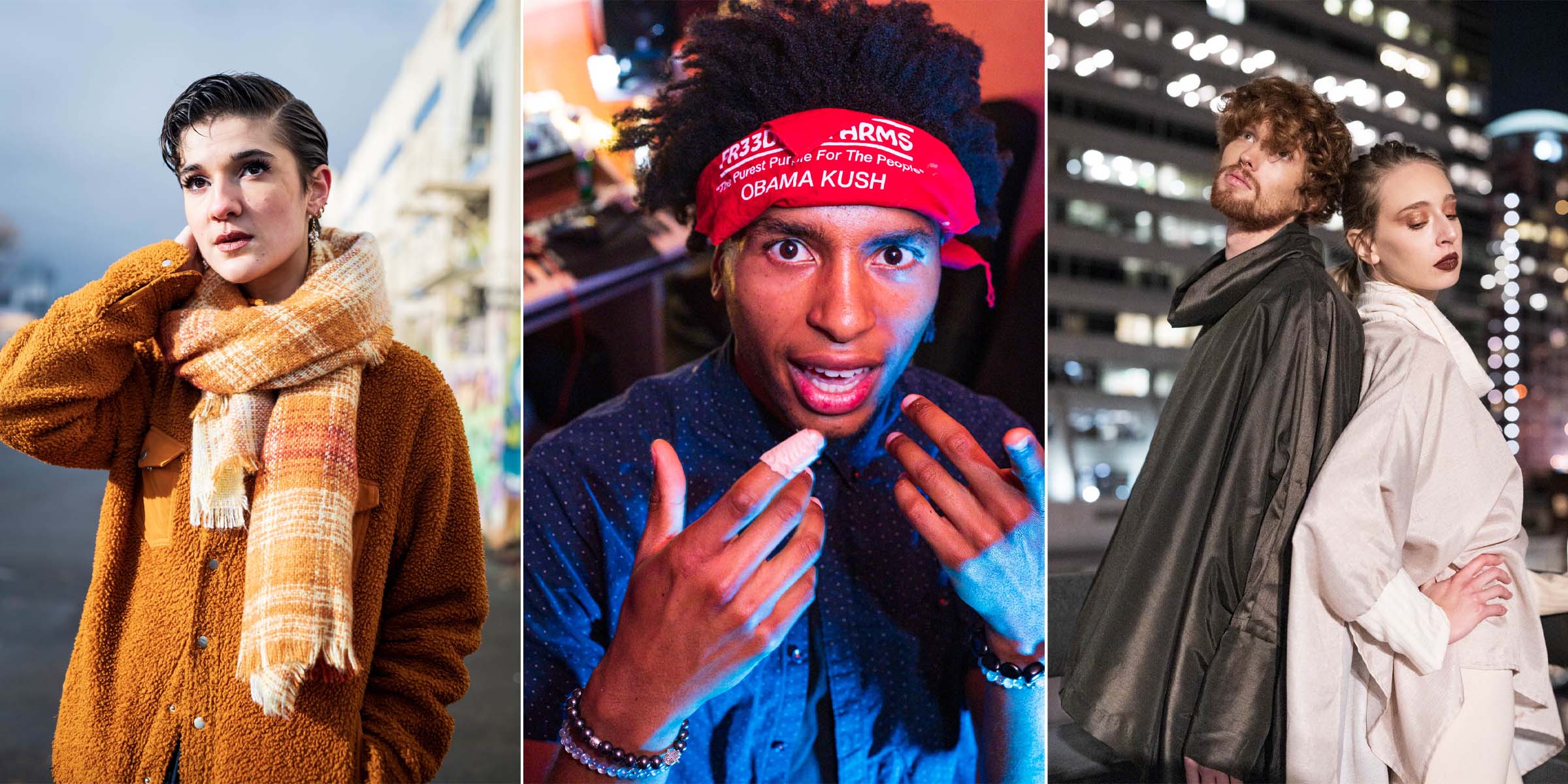 A triptych banner featuring dynamic commercial portraits: (1) A DJ with headphones and pink glasses smiling and raising an arm while performing behind Pioneer equipment. (2) A person with blue-tinted hair wearing a vibrant red dress, smiling confidently in an urban outdoor setting. (3) A close-up editorial portrait of a person with long light-brown hair wearing a blue blazer and leopard print shirt, looking off-camera with a focused expression.