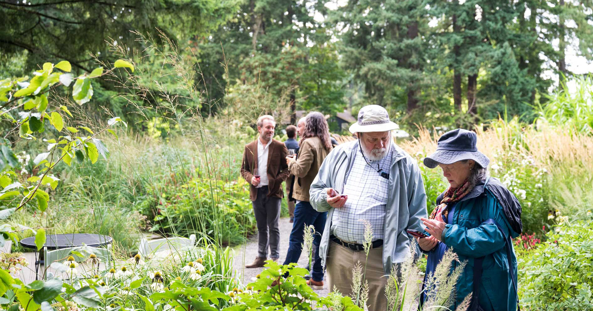 Two older adults wearing hats looking at a phone in a lush outdoor garden with others in background.