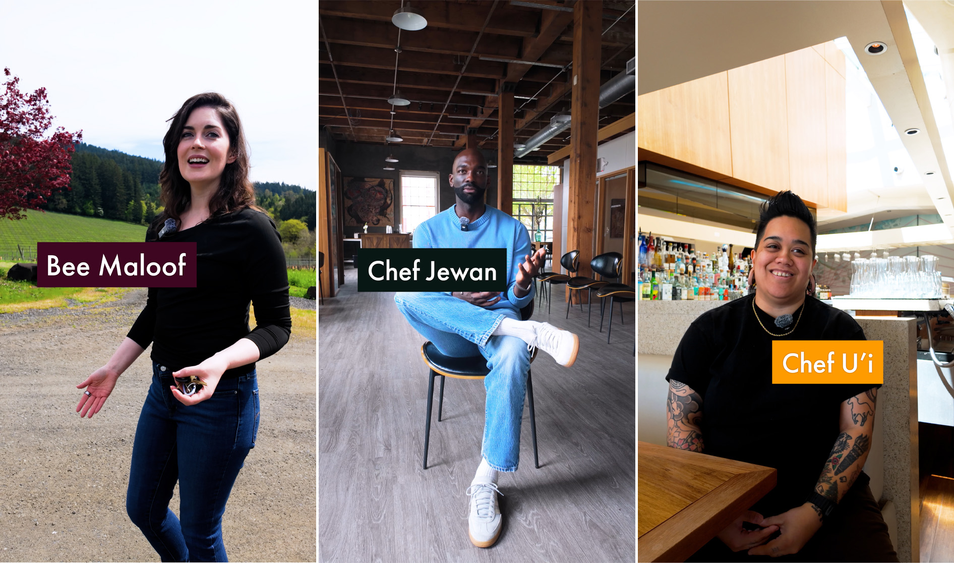 Three portraits: Bee Maloof outdoors, Chef Jewan seated indoors, and Chef U'i with tattoos at bar.
