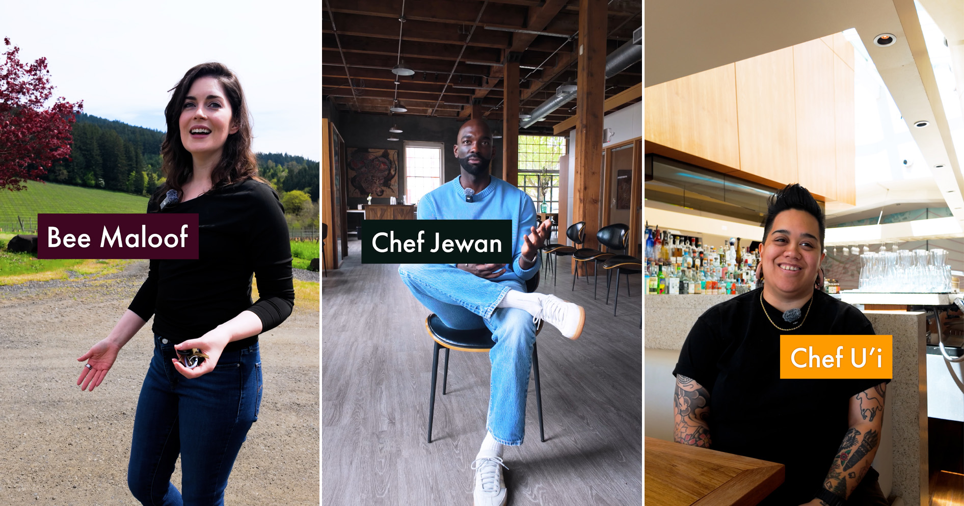 Bee Maloof outdoors, Chef Jewan seated indoors, and Chef U‘i seated at a bar, each with name labels.