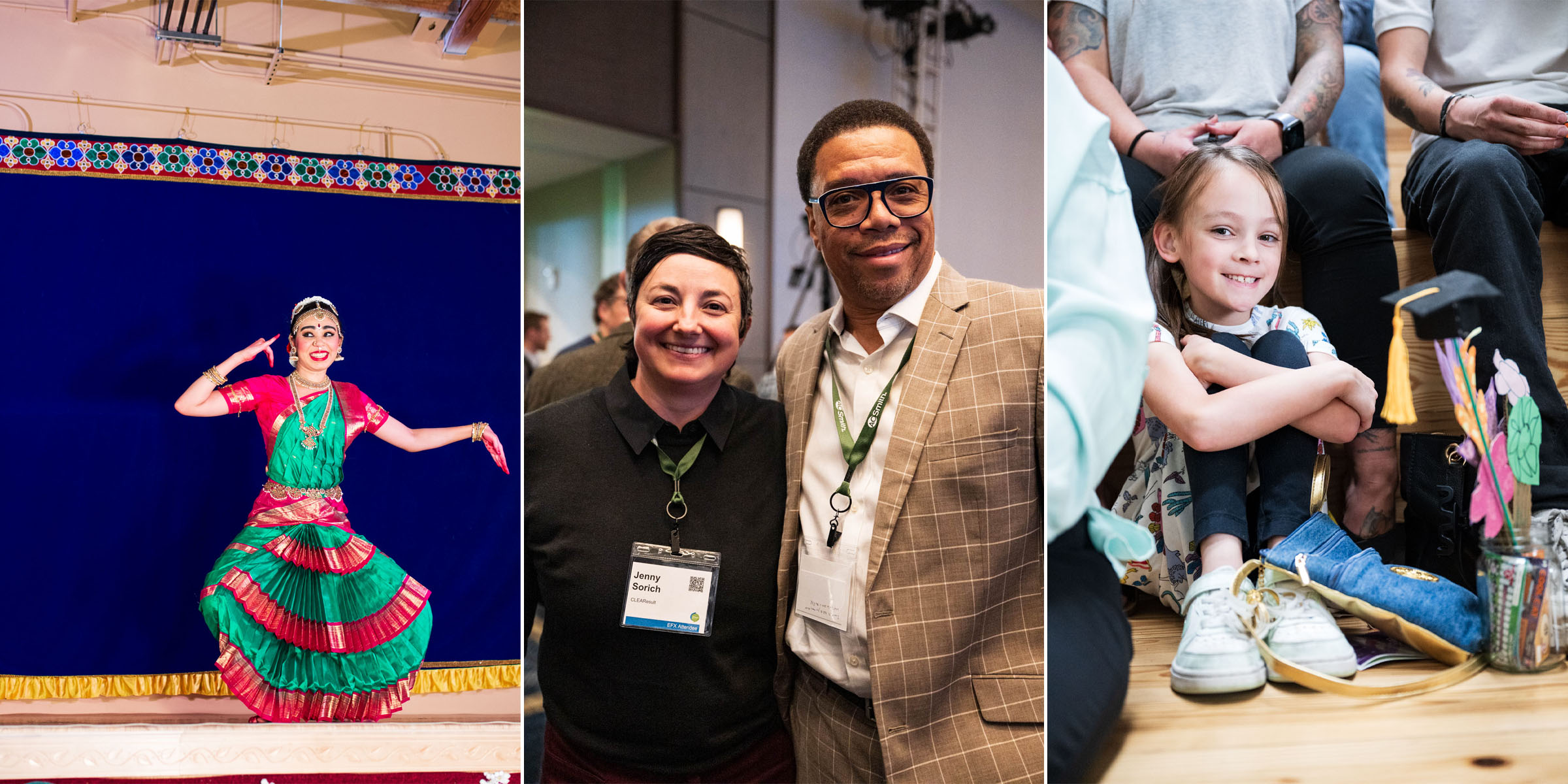Collage: Classical dancer in green-red dress, smiling adults at event, happy girl seated with colorful crafts.