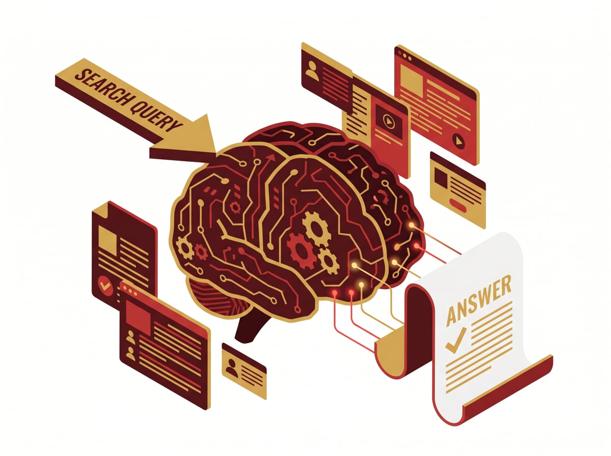 Illustration of a search query flowing into an AI system that synthesizes multiple web sources into a single answer