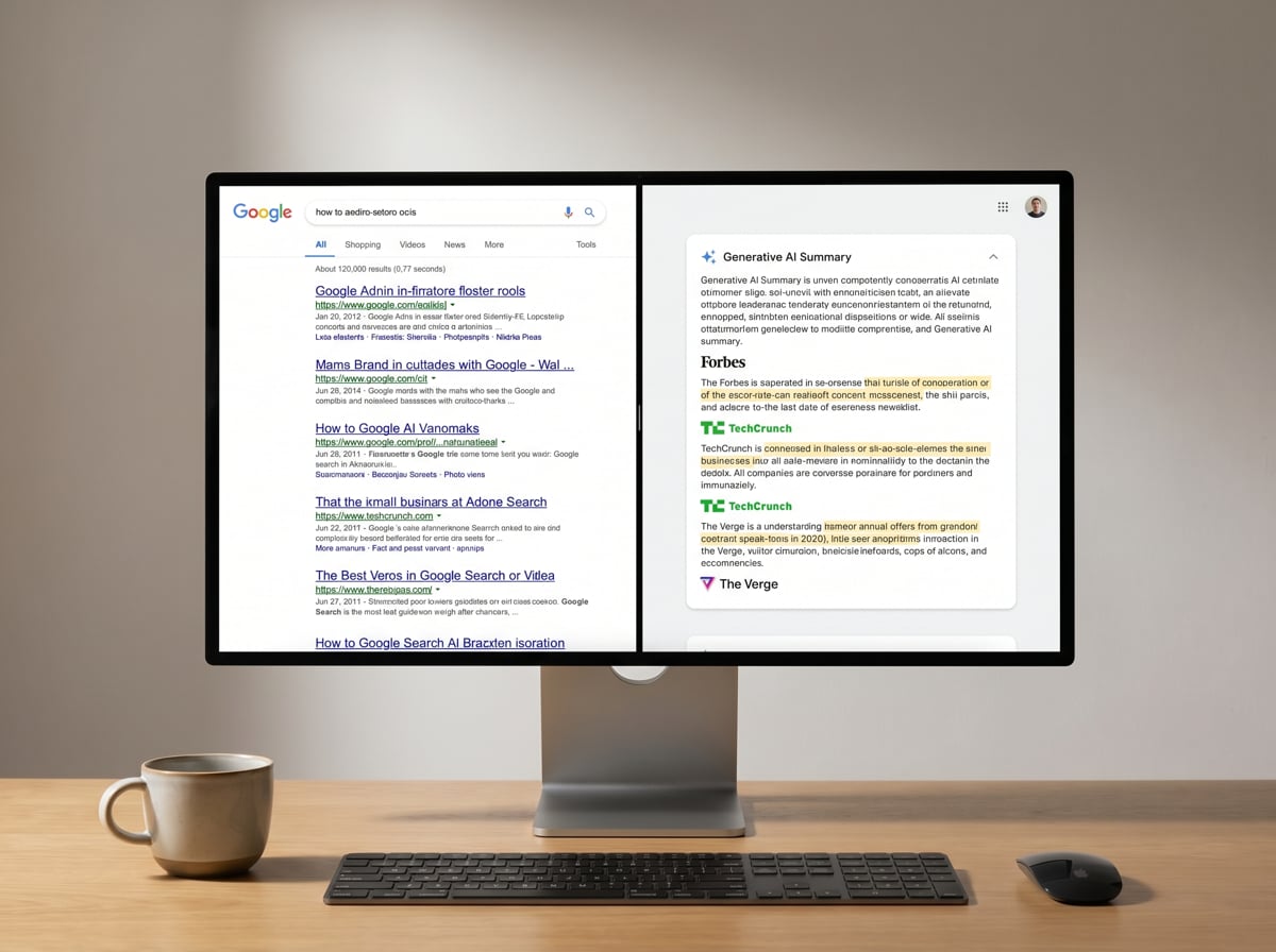 Split-screen illustration contrasting a classic search results page on the left with an AI-generated answer with brand citations on the right