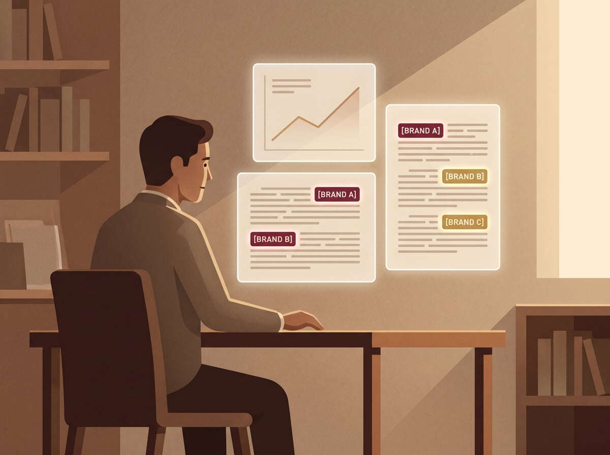 A marketer analyzing brand visibility across AI-generated search responses, tracking where and how often their brand appears inside AI answers