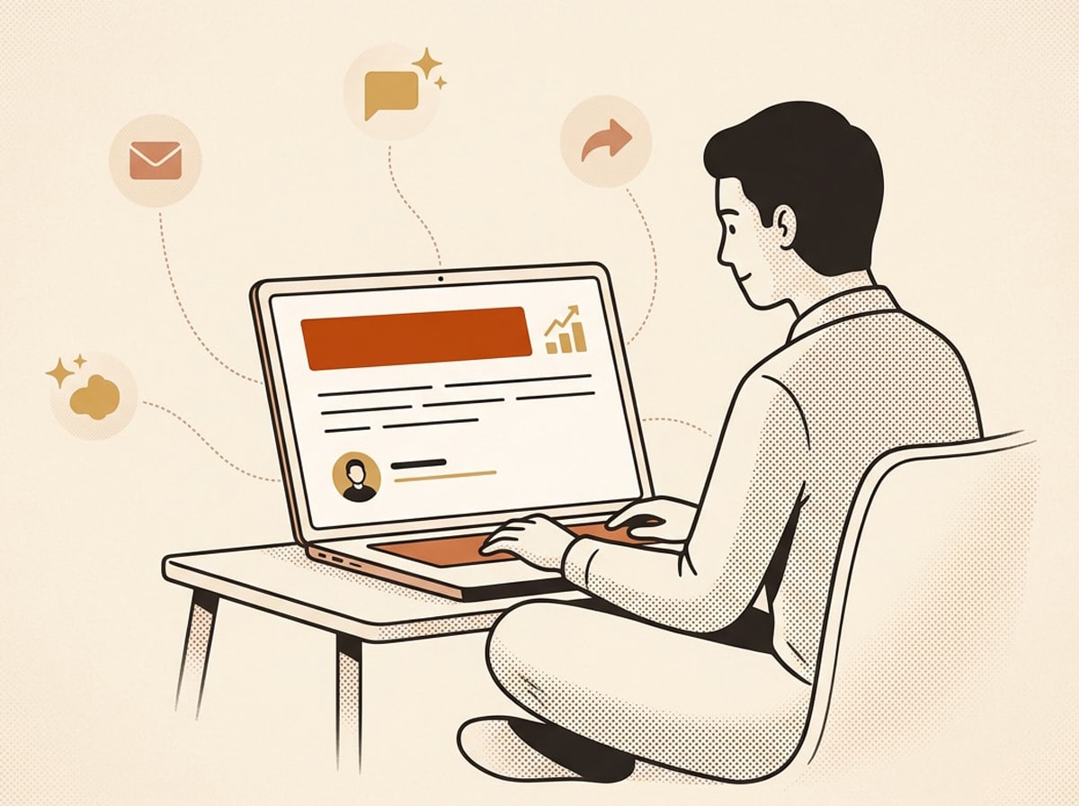 Illustration of a person working on a laptop displaying a blog page, surrounded by icons representing newsletters, AI citations, and social sharing