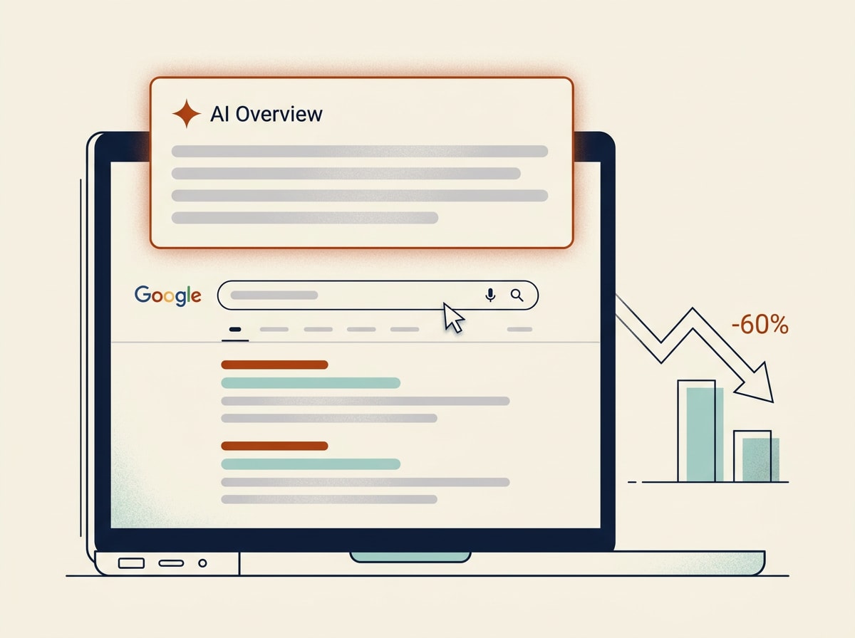Illustration of a Google AI Overview panel causing a sharp drop in click-through rate