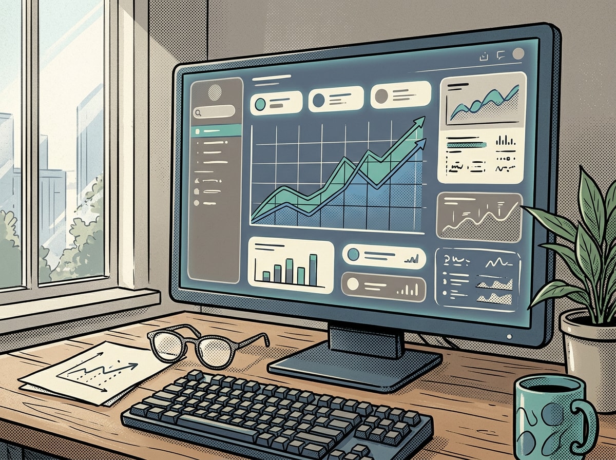 Illustration of an analytics dashboard on a monitor showing upward trending charts
