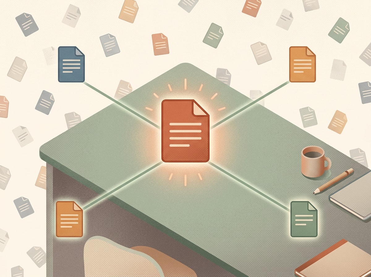 Illustration of glowing connected document nodes radiating from a central pillar page, forming a linked network, versus scattered disconnected pages in the background