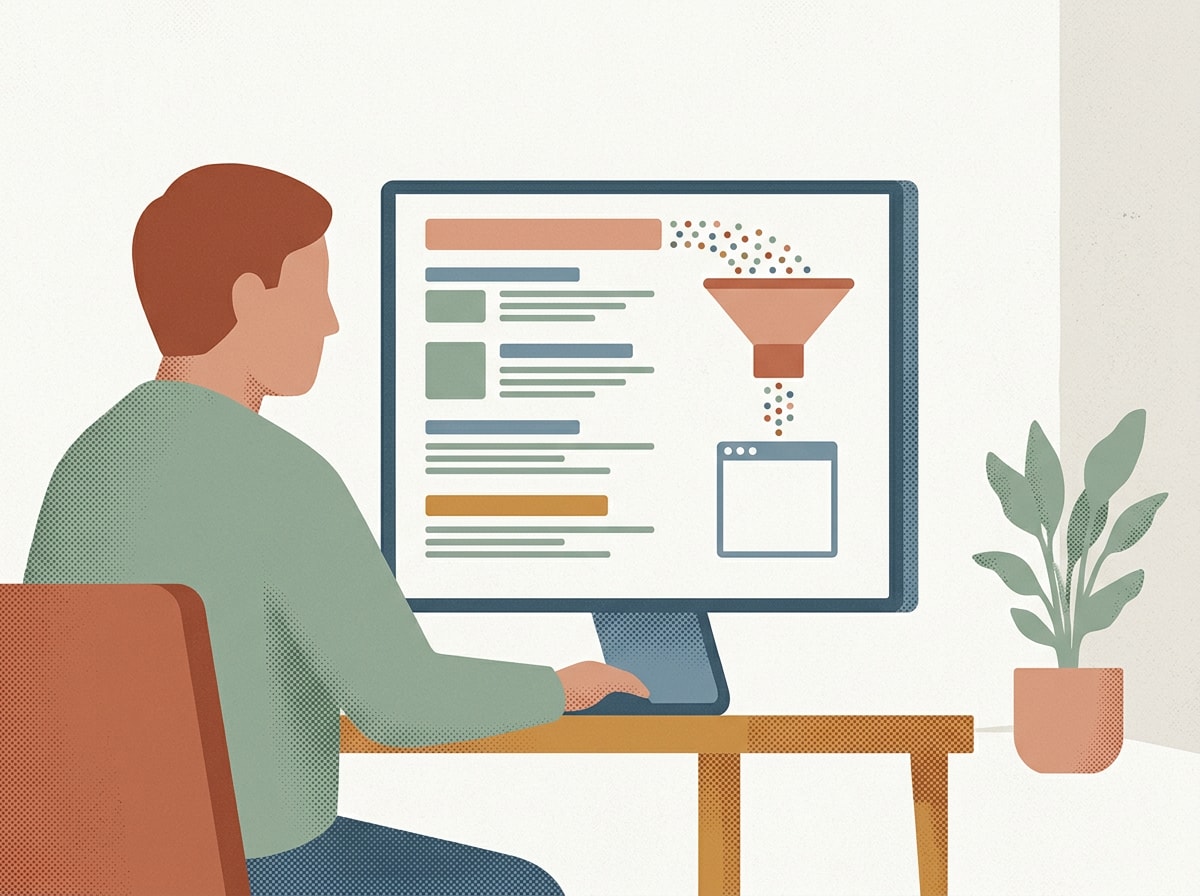 Illustration of a search results page where an AI Overview panel sits above the organic results, absorbing attention before any link is clicked