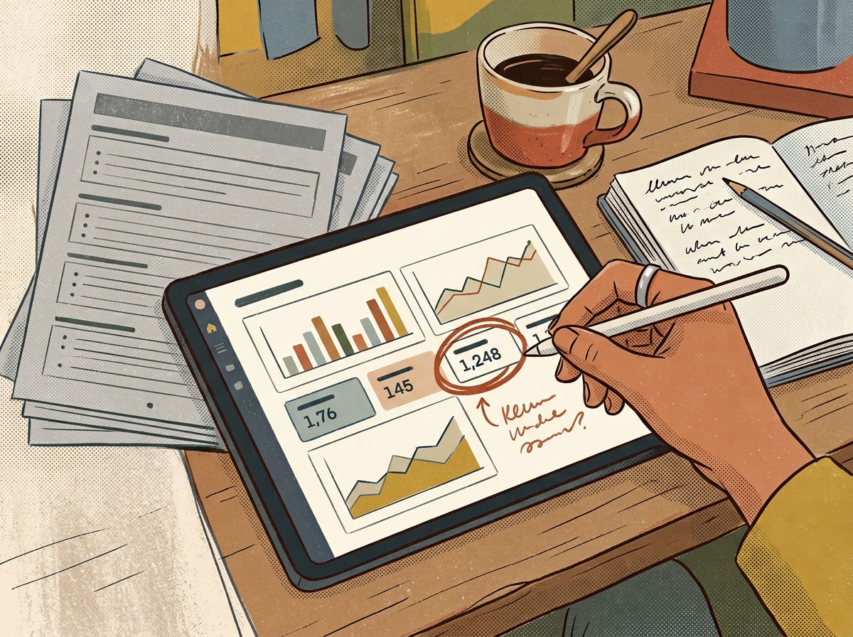 Illustration of a hand annotating a real analytics dashboard, circling a specific number, next to a discarded stack of identical generic articles