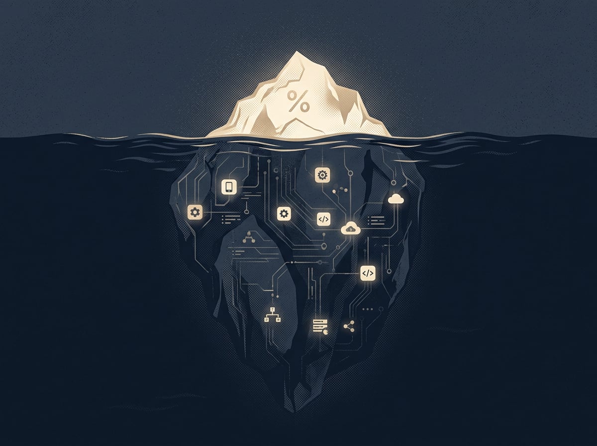 Editorial illustration of an iceberg, with a small labeled tip above the waterline reading 95 percent overlap, and a much larger hidden mass below the surface representing API traffic, desktop apps and embedded AI features