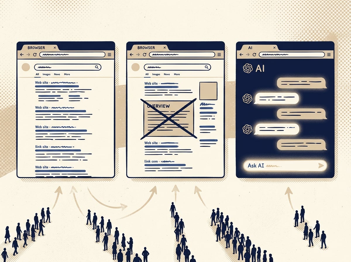 Editorial illustration of three parallel browser windows side by side, one showing classic blue search links, one showing a results page with an overview panel crossed out, and one fully replaced by a glowing AI chat conversation, small silhouetted figures being sorted into each window