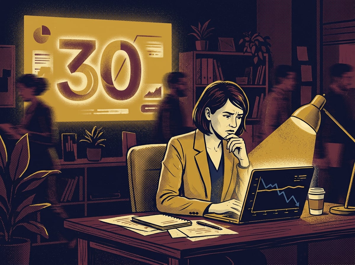 Editorial illustration of a marketer at a desk looking at two overlapping line charts on a laptop screen, one flat steady line labeled audience and one declining line labeled clicks, a keynote screen glowing faintly in the background showing a large 2.5 billion figure