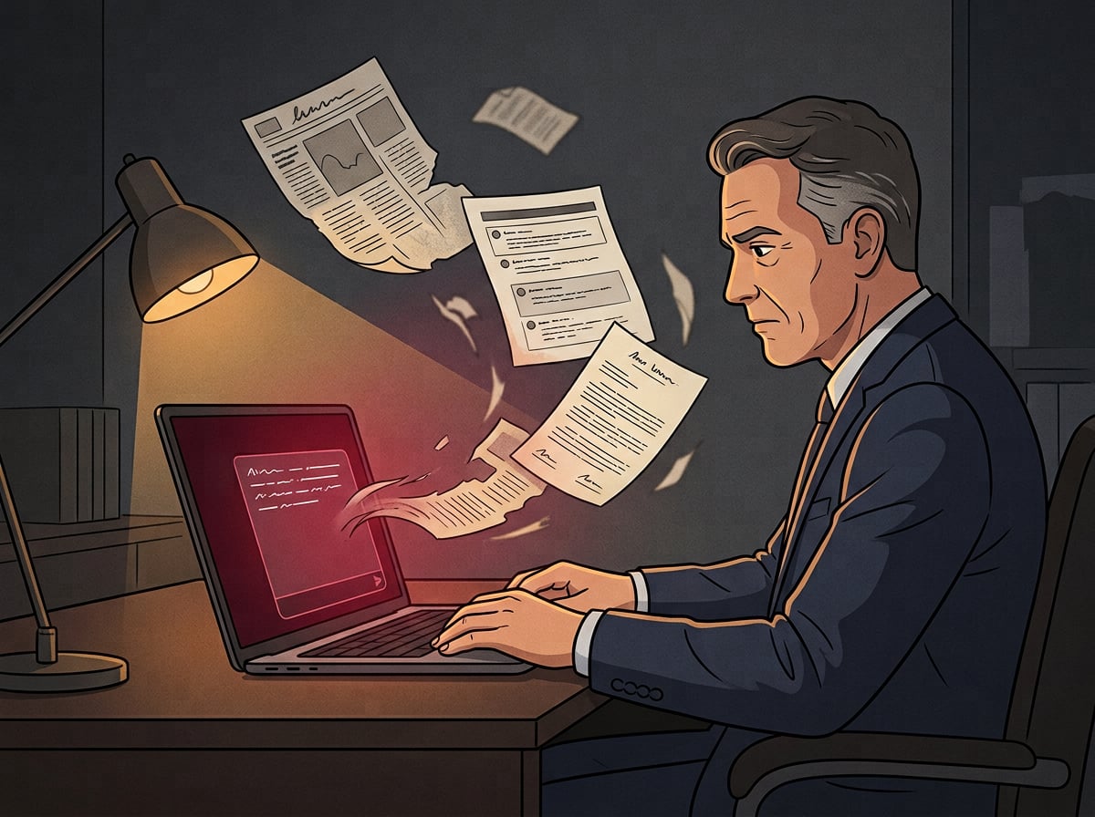 Executive reading an AI chat answer built from old news clippings, forum posts and legal documents