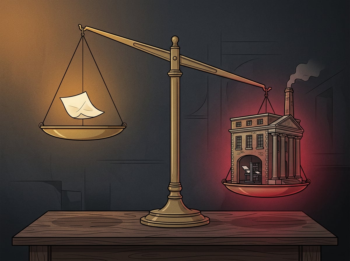 Balance scale weighing a small blog post against a heavy news site building