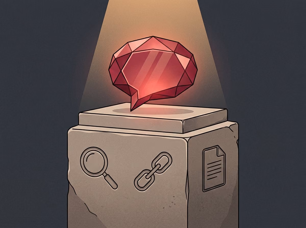 Stone foundation carved with SEO icons supporting a small glowing crystal shaped like a speech bubble