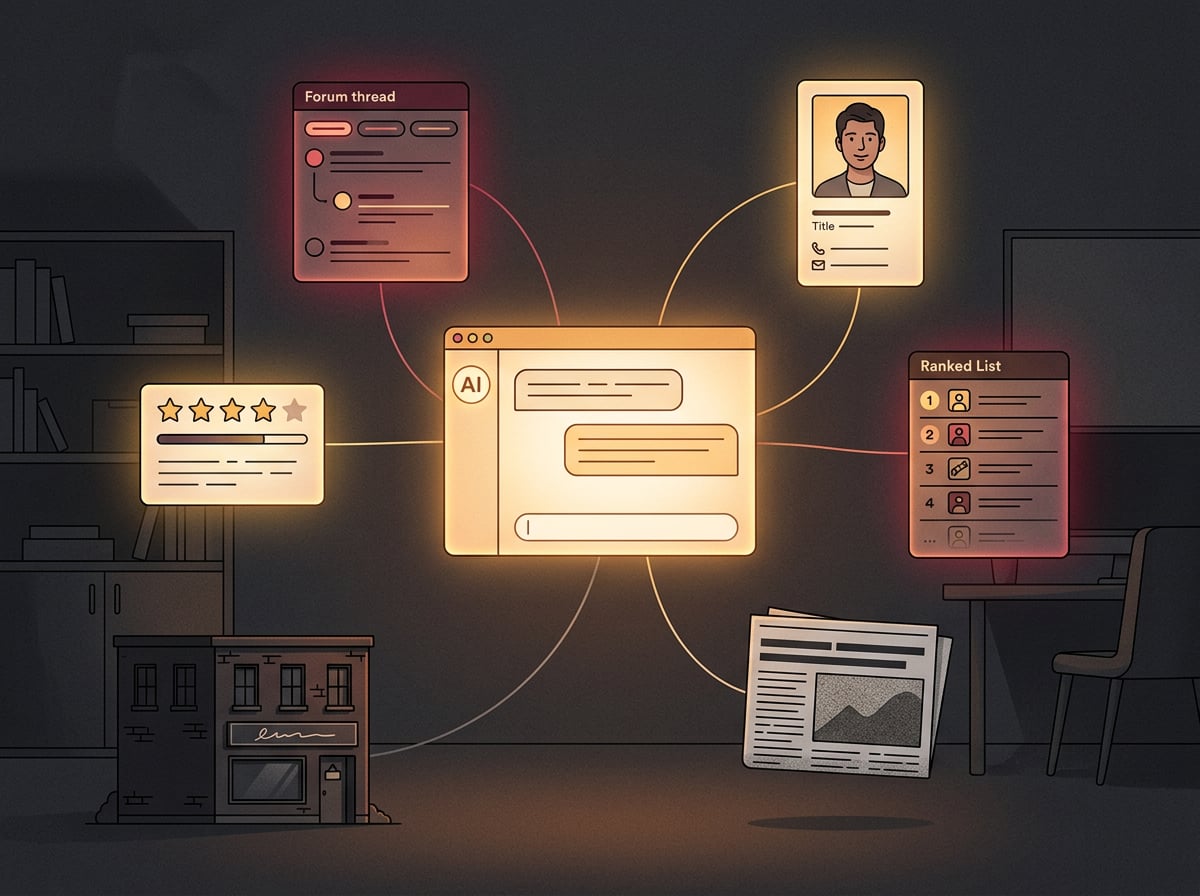 AI chat window connected by glowing lines to review, forum, news, list and profile cards