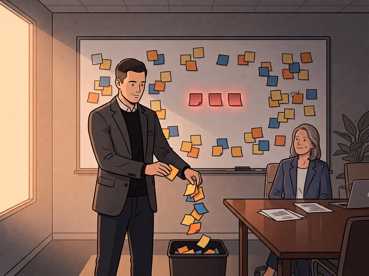 Operations executive removing most sticky notes from a wall, leaving three priorities