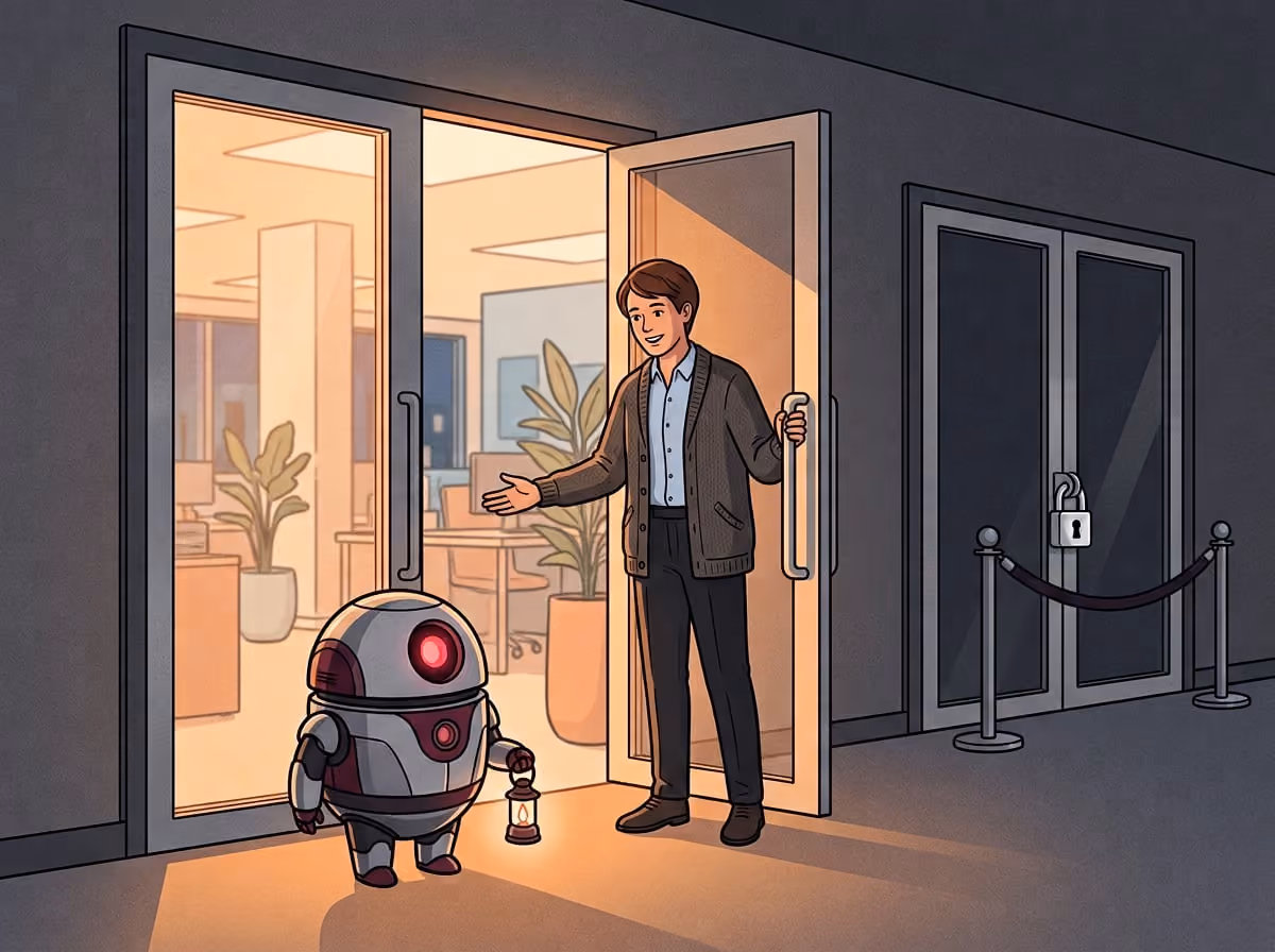 Website manager opening a door for a small crawler robot while another door stays padlocked