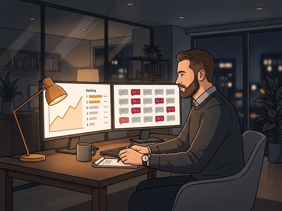 Marketing manager comparing an SEO ranking chart and an AI visibility grid on two monitors