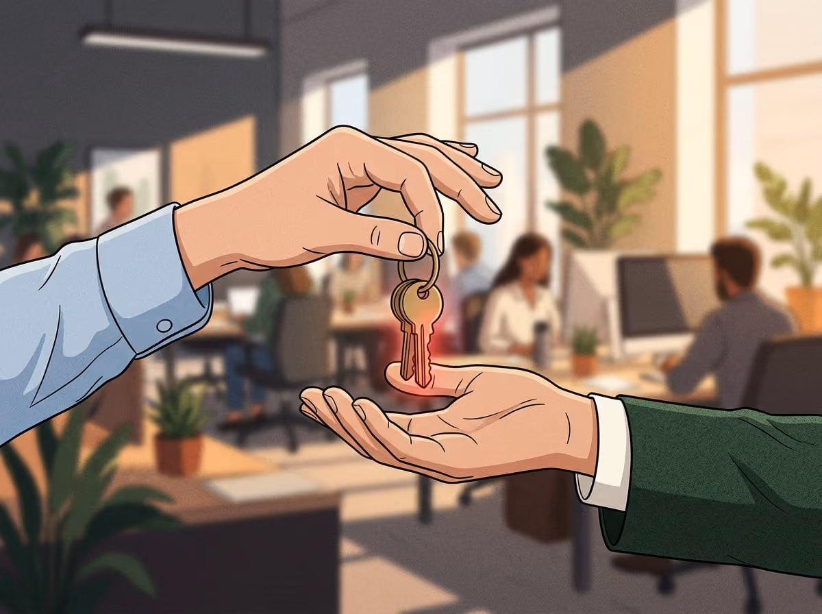Founder handing a ring of keys to an operations executive