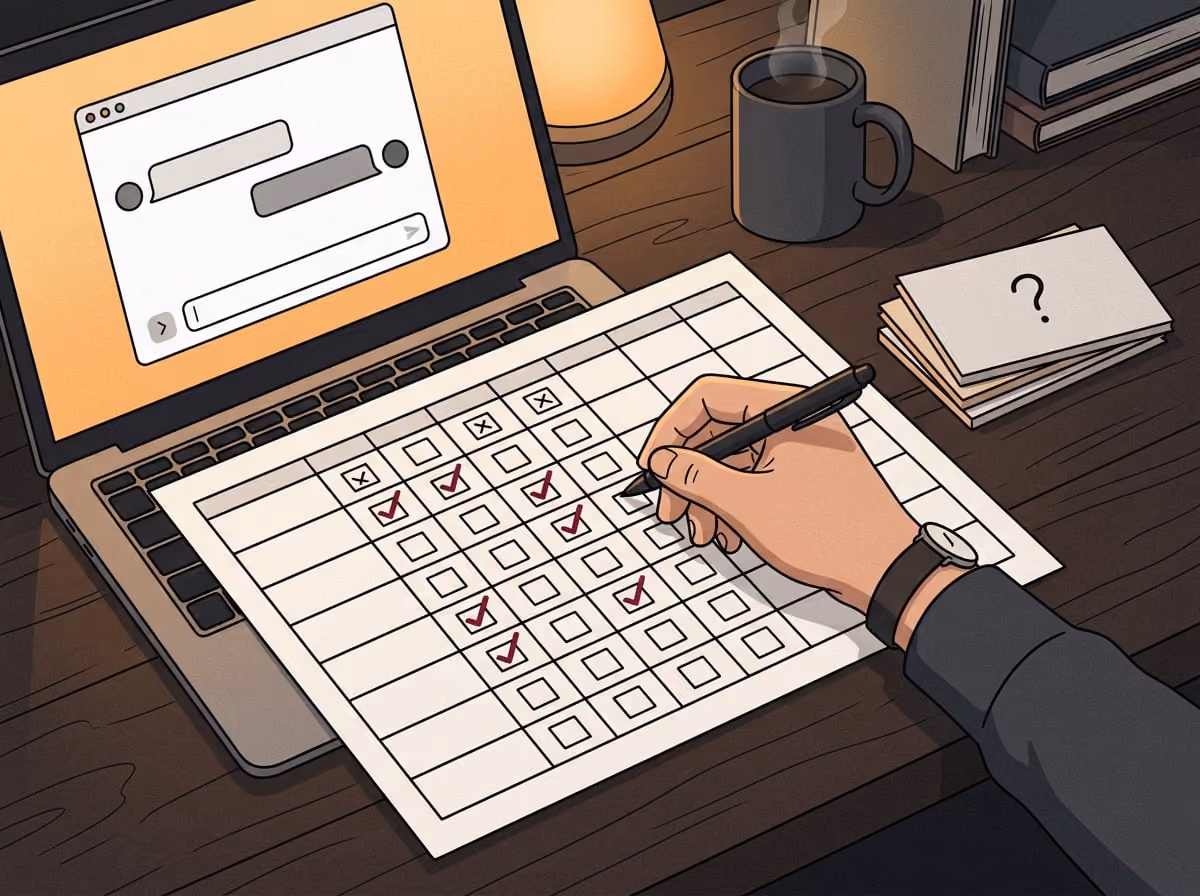 Desk with a laptop showing an AI chat window next to a printed prompt audit spreadsheet