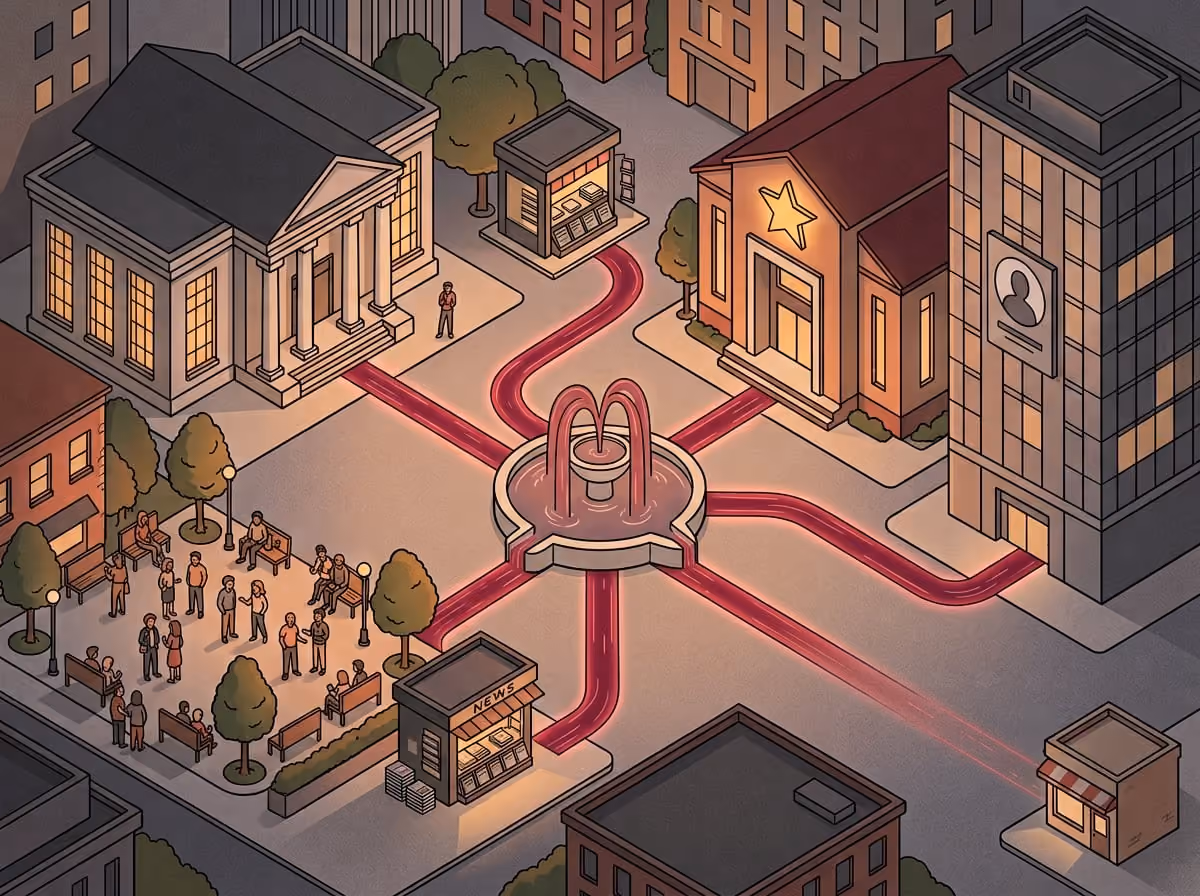 Illustrated town of source buildings connected by glowing paths to a central chat bubble fountain
