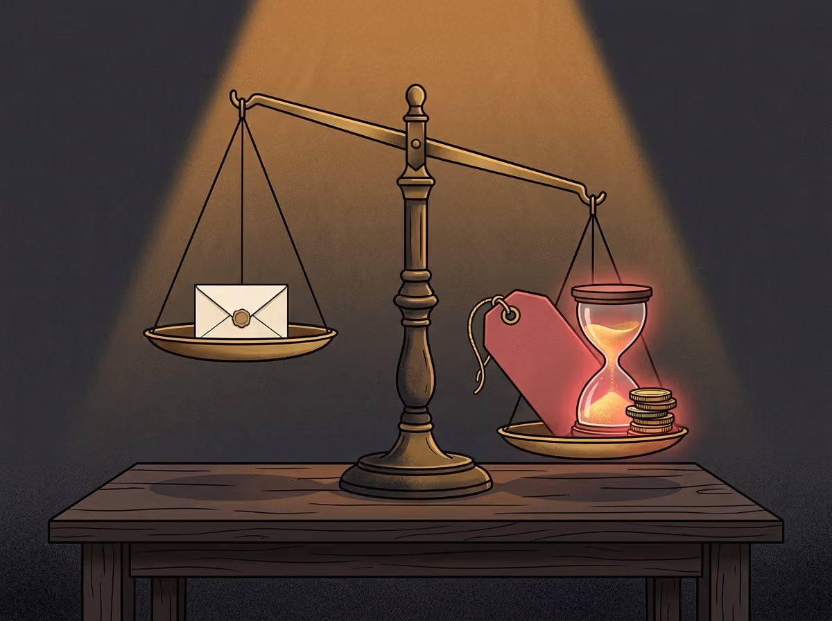 A balance scale outweighs a small fee with bigger decisions like pricing and cash runway