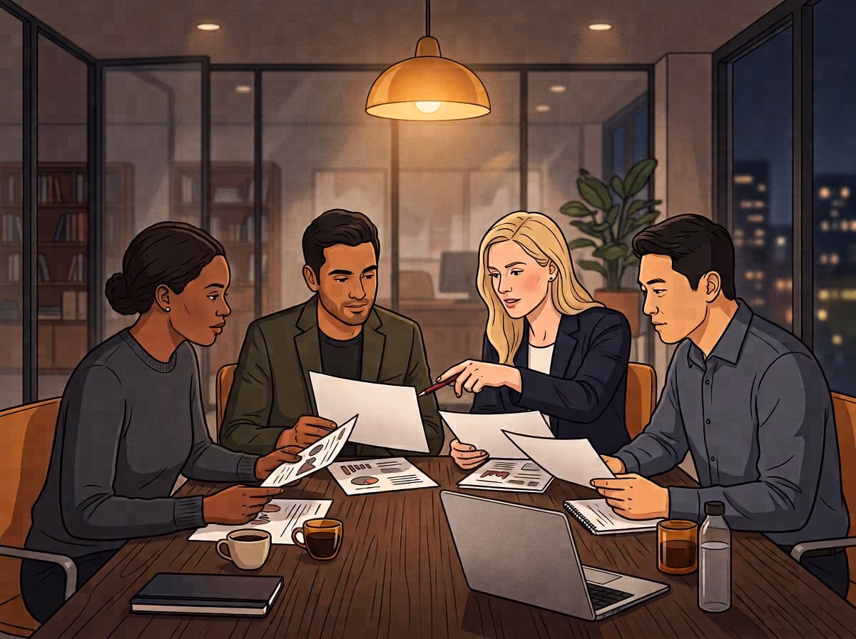Four colleagues compare their individual AI readiness scorecards around a meeting table