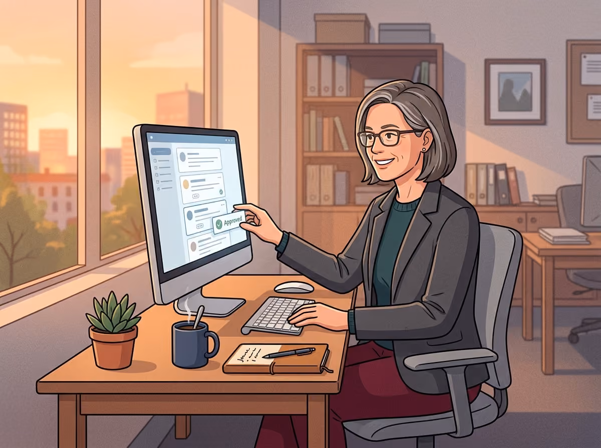 An office manager reviews AI-drafted customer replies on a computer in the morning
