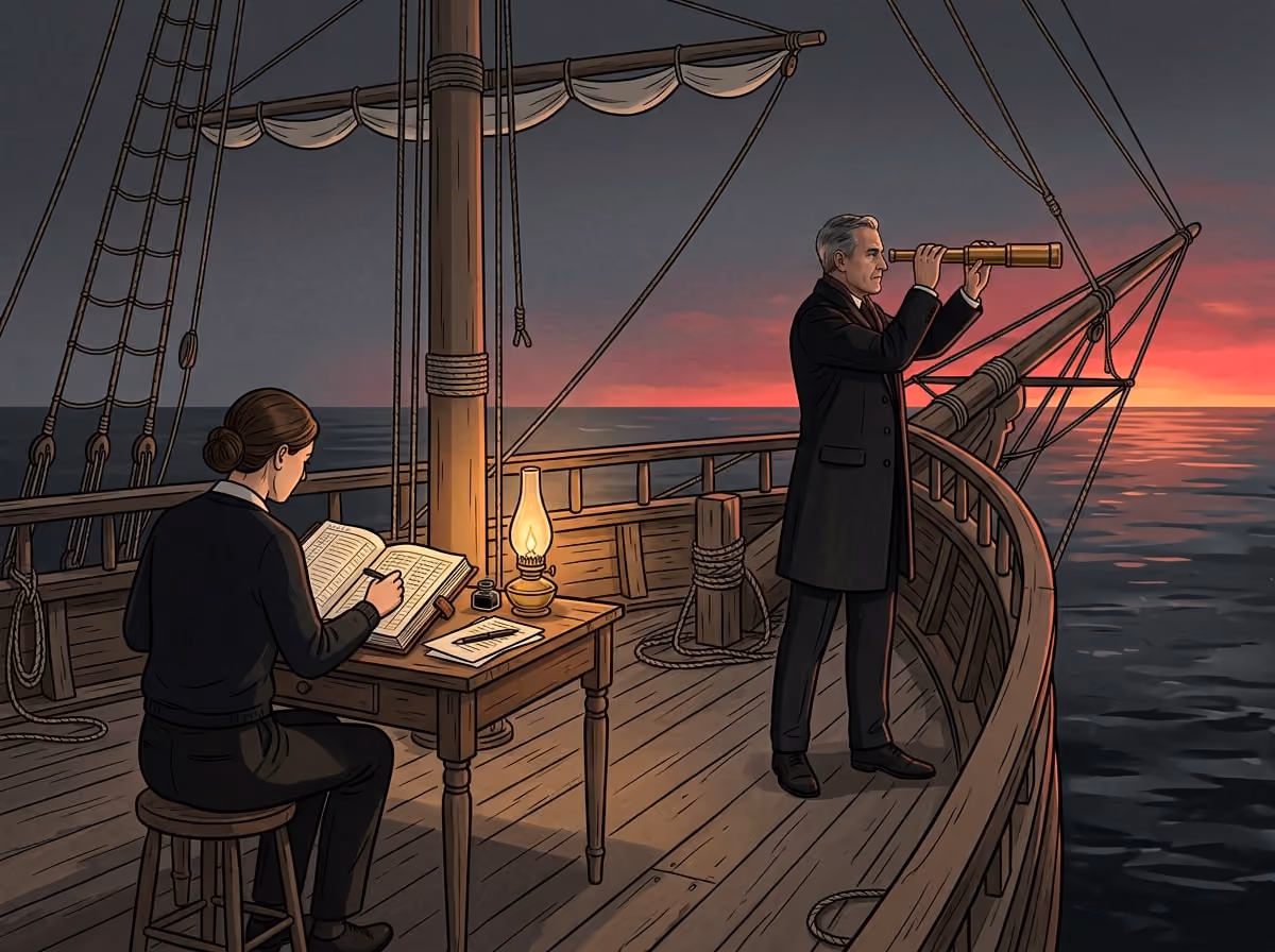 A bookkeeper looks back at ledgers while a CFO looks ahead through a telescope