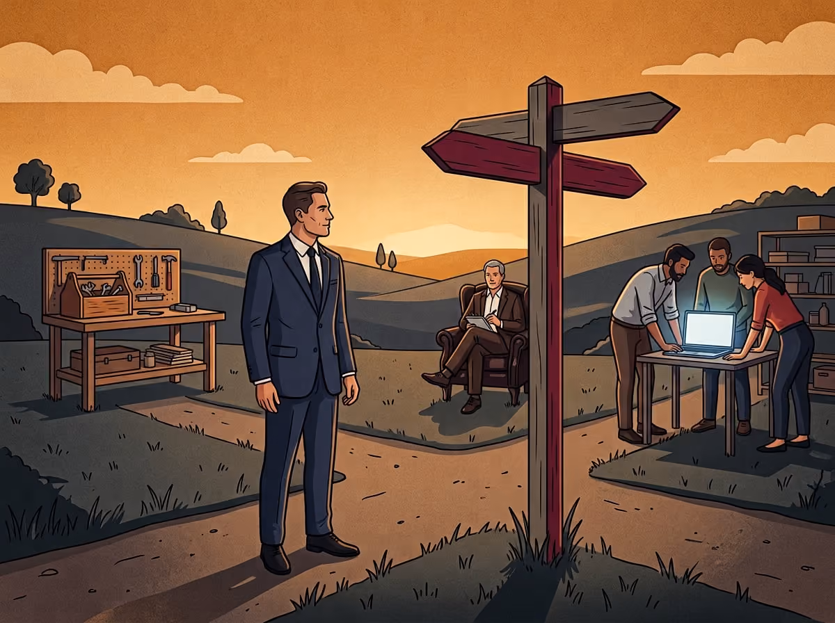 A business leader at a signpost choosing between a toolbox, a single advisor and a team of builders