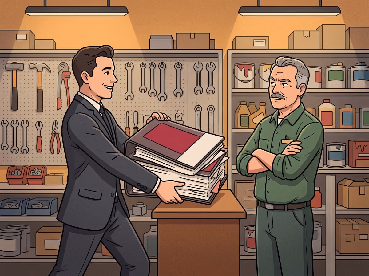 A consultant presents a huge strategy binder to a skeptical small business owner