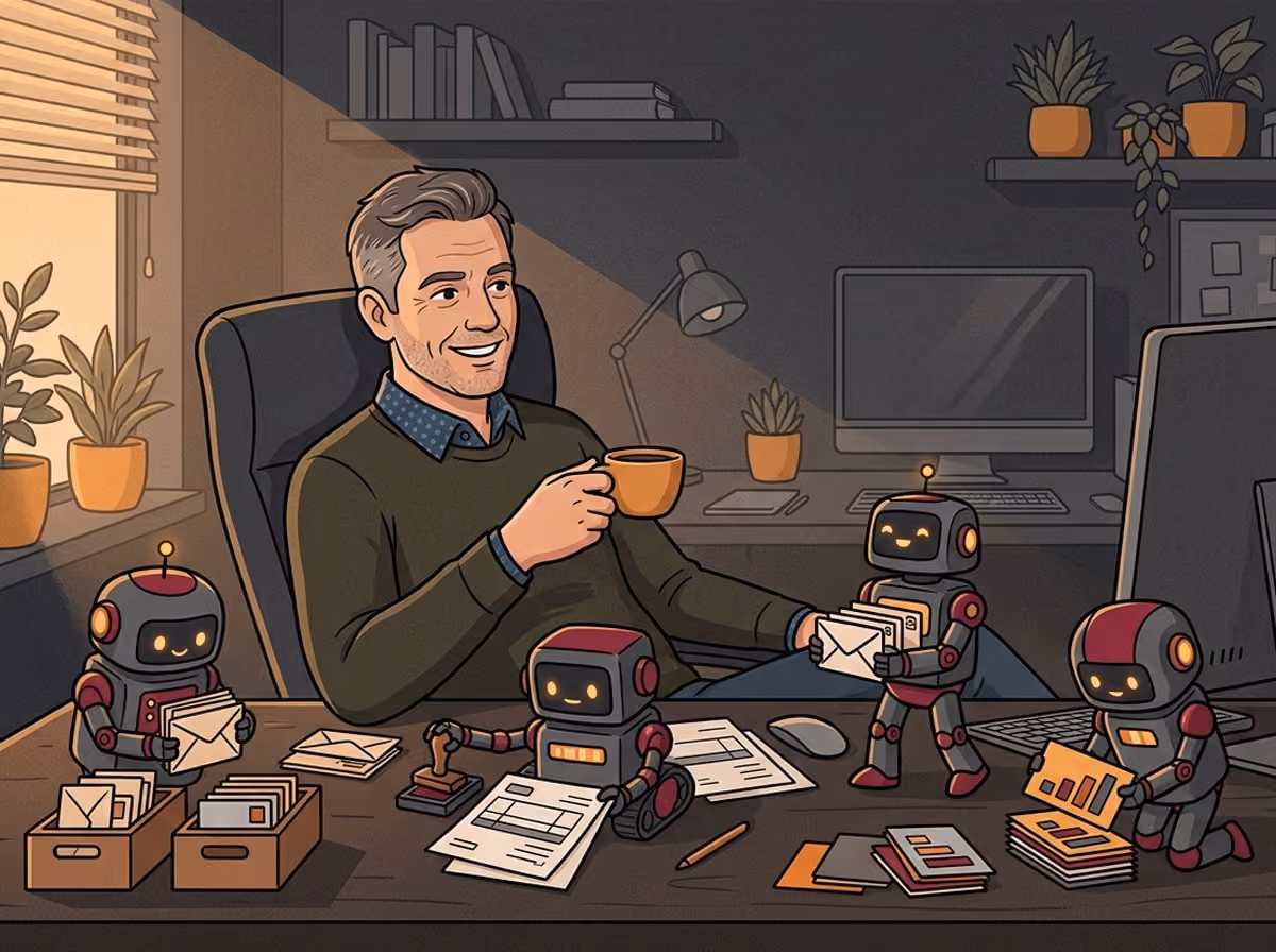 A small business owner relaxes while small robots sort invoices, emails and reports
