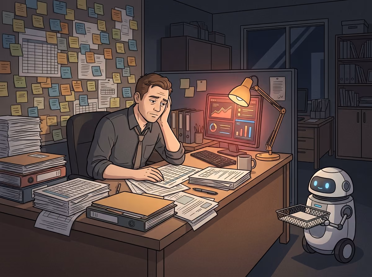 An office worker buried under stacks of spreadsheets and sticky notes while a small robot waits